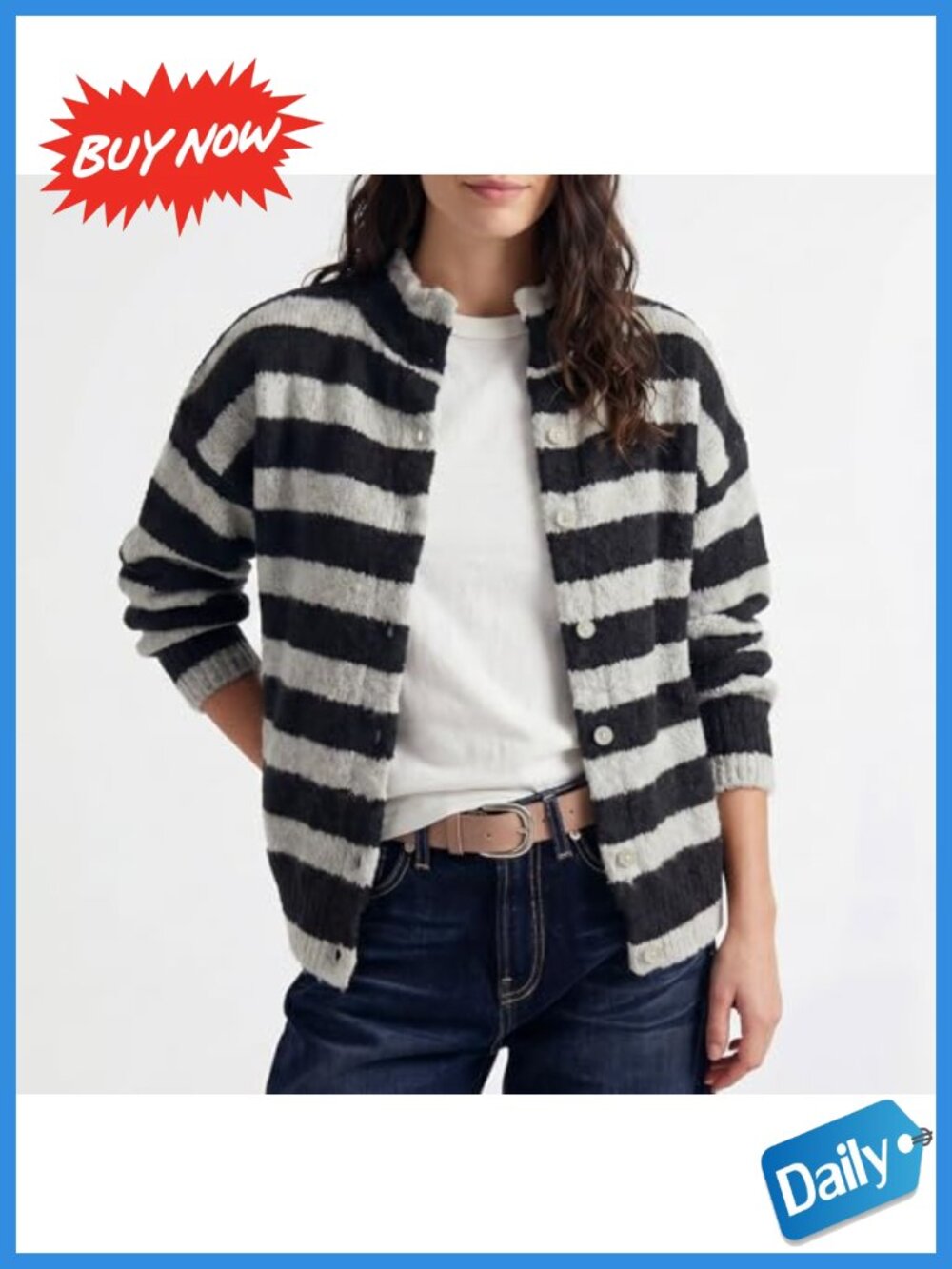 Women's Striped Button Down Cardigan Long Sleeve Knit Sweater - Picture 4 of 6